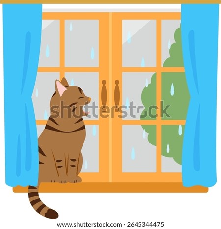 A cat yawning by the window on a rainy day