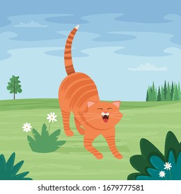 Cat yawning and stretching. Spring background. Cute vector illustration in flat style