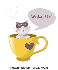 Cat in yellow cup. Vector morning illustration. Good morning. Coffe cap.