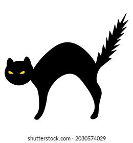 Cat. Yellow eyes. The frightened animal bristled. Silhouette. Vector illustration. Outline on an isolated background. Flat style. Witch's pet. Halloween symbol. Glowing eyes. Black Friday.