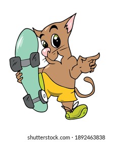 The cat in yellow is holding a skate .Vector children's design on a white isolated background, for postcard banners.Sticker