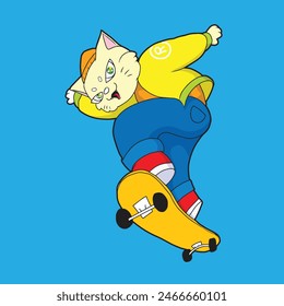 A cat with a yellow hoodie and cloth pants jumps with his skateboard stylishly