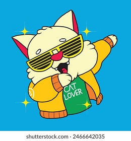 Un gato con una chaqueta amarilla, gafas amarillas y una camiseta verde con las palabras amante de los gatos, demuestra movimientos de danza billy