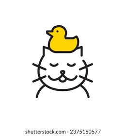 Cat with yellow rubber duck on its head. Enjoying pet spa. Pixel perfect, editable stroke