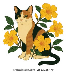 Cat with yellow trumpet flowers