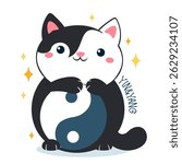 Cat with Yin yang symbol. Cute black and white kitty and yin yang sign. Can be used for t-shirt print, stickers, greeting card design. Vector illustration EPS8