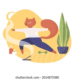 Cat and yoga. Isolated. Funny, cute animals. Candles, plants, dumbbell. Smoke. Vector illustration. Flat, cartoon style. Sport, stretching, patience, relax, self-control, body care, cheerful.