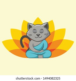 cat yoga logo design template with lotus and cat guru