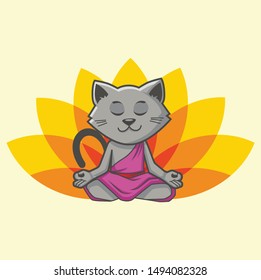 cat yoga logo design template with lotus and cat guru