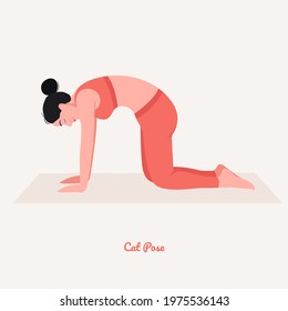 Cat Yoga pose. Young woman practicing yoga  exercise. Woman workout fitness, aerobic and exercises. Vector Illustration.