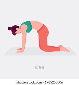 Cat Yoga pose. Young woman practicing yoga  exercise. Woman workout fitness, aerobic and exercises. Vector Illustration.