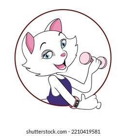 The cat is a young, athletic person who takes care of her health and figure. Handy pink dumbbells and a fancy watch on her arm. For the design of fitness services, equipment and smart watches