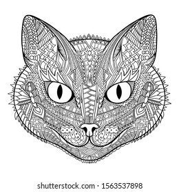 Cat zentangle. Animal vector illustration. Bengal. Savannah. Tribal. Wild. Cat head zentangle ornament. Pet. Kitten. Ethnic ornament. Coloring book page.