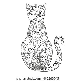 Cat. Zentangle. Hand drawn cat with abstract patterns on isolation background. Design for spiritual relaxation for adults. Black and white illustration for coloring. Zen art. Outline for t-shirts