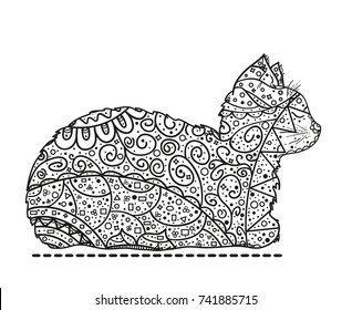 Cat. Zentangle. Hand drawn cat with abstract patterns on isolation background. Design for spiritual relaxation for adults. Black and white illustration for coloring. Zen art. Outline for t-shirts