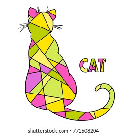 Cat. Zentangle. Hand drawn cat with abstract patterns on isolation background. Design for spiritual relaxation for adults. Print for polygraphy, t-shirts and textiles. Doodle for designer