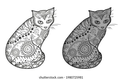 Cat. Zentangle. Hand drawn animal with abstract patterns on isolated background. Design for spiritual relaxation for adults. Outline for t-shirts. Print for polygraphy, posters and textiles