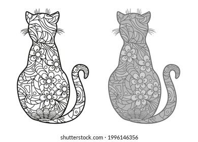 Cat. Zentangle. Hand drawn animal with abstract patterns on isolated background. Different color options. Black and white illustration