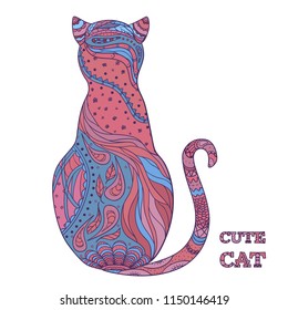 Gato. Zentangle. Gato colorido desenhado à mão com padrões intrincados em plano de fundo isolado. Design para relaxamento espiritual para adultos. Zen art. Doodle para banners, cartazes, t-shirts e têxteis