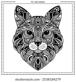 Ilustración de zentangle de gato. Alto detalle del dibujo de línea. Blanco y negro. Ajuste para colorear libro, cubierta, fondo, elemento, cartel, Anuncio, tatuaje, pintura de pared. Vector Eps 10.