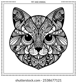 Ilustración de zentangle de gato. Alto detalle del dibujo de línea. Blanco y negro. Ajuste para colorear libro, cubierta, fondo, elemento, cartel, Anuncio, tatuaje, pintura de pared. Vector Eps 10.