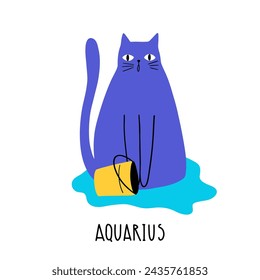 Signo de astrología del zodíaco del gato Acuario. Estilo de dibujo a mano. Ilustración vectorial símbolos zodiacales. Aislado sobre fondo blanco. Bueno para carteles, camisetas, postales