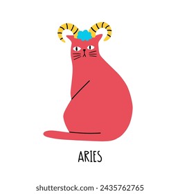 Cat Zodiac Astrology Sign Aries. Hand draw style. Vector illustration zodiacal symbols. Isolated on white background. Good for posters, t shirts, postcards