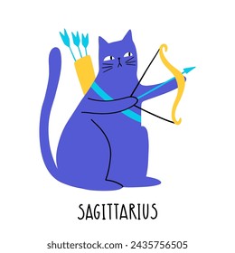 Cat Zodiac Astrology Sign Sagittarius. Hand drawn style. Vector illustration zodiac symbols. Isolated on white background. Good for posters, t shirts, postcards.