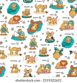 Cat zodiac signs illustrations seamless pattern.