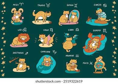 Cat zodiac signs illustrations set.