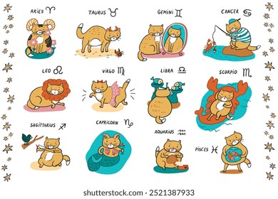 Cat zodiac signs illustrations set.