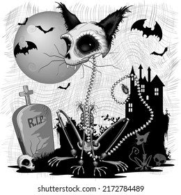 Cat Zombie Creepy Character with Haunted Castle, Skulls and Bats on Full Moon Halloween Background Vector illustration
