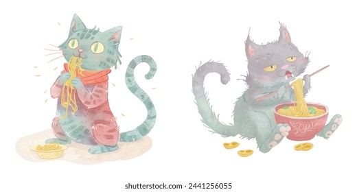 cat zombie eating noodle watercolour vector illustration