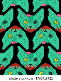 Cat zombie pattern seamless. Pet green monster background. vector texture