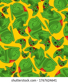 Cat zombie pattern seamless. Pet green monster background. vector texture