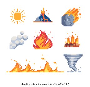 Cataclysm icons set. Pixel art style. Cloud lightning, smoke,  flame meteorite, tornado storm and eruption. Weather sign, isolated vector illustration. Design for web site, app, sticker