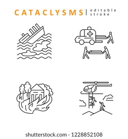 Cataclysms and natural disasters. Vector icon and logo. Editable outline stroke size. Line flat contour, thin and linear design. Simple icons. Concept illustration. Sign, symbol, element.