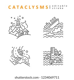 Cataclysms and natural disasters. Vector icon and logo. Editable outline stroke size. Line flat contour, thin and linear design. Simple icons. Concept illustration. Sign, symbol, element.