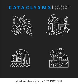 Cataclysms and natural disasters. Vector icon and logo. Editable outline stroke size. Line flat contour, thin and linear design. Simple icons. Concept illustration. Sign, symbol, element.