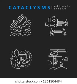 Cataclysms and natural disasters. Vector icon and logo. Editable outline stroke size. Line flat contour, thin and linear design. Simple icons. Concept illustration. Sign, symbol, element.