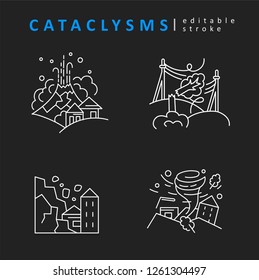 Cataclysms and natural disasters. Vector icon and logo. Editable outline stroke size. Line flat contour, thin and linear design. Simple icons. Concept illustration. Sign, symbol, element.