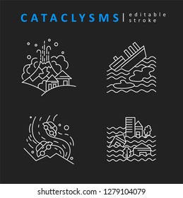 Cataclysms and natural disasters. Vector icon and logo. Editable outline stroke size. Line flat contour, thin and linear design. Simple icons. Concept illustration. Sign, symbol, element.