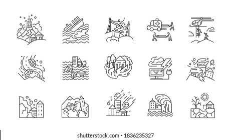 Cataclysms and natural disasters. Vector icon and logo. Editable outline stroke size. Line flat contour, thin and linear design. Simple icons. Concept illustration. Sign, symbol, element.