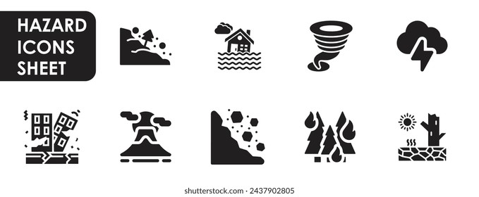 Cataclysms and natural disasters. Vector icon and logo sets in flat style. Tornado, landslide, earthquake, volcano, drought and so on.