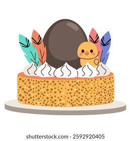 Catalan Easter Mona de Pascua Vector Illustration. Cake with large chocolate egg, feathers and chick decorative figure for Spanish tradition