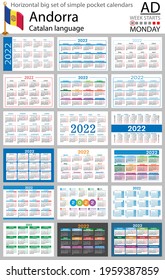 Catalan horizontal Big set of pocket calendars for 2022 (two thousand twenty two). Week starts Monday. New year. Color simple design. Vector