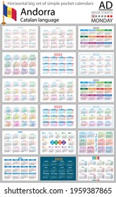 Catalan horizontal Big set of pocket calendars for 2022 (two thousand twenty two). Week starts Monday. New year. Color simple design. Vector