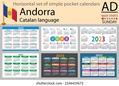 Catalan horizontal pocket calendar for 2023 (two thousand twenty three). Week starts Sunday. New year. Color simple design. Vector