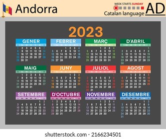 Catalan horizontal pocket calendar for 2023 (two thousand twenty three). Week starts Sunday. New year. Color simple design. Vector