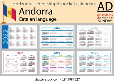 Catalan horizontal set of pocket calendars for 2022 (two thousand twenty two). Week starts Sunday. New year. Color simple design. Vector